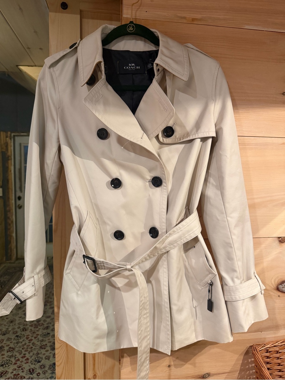 Coach Cream Double-Breasted Trench Coat with Black Buttons
